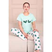 Kadın Kalp Baskılı Sloganlı Kısa Kol Altı Uzun Penye Pijama Takımı Turkuaz