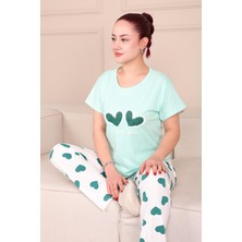 Kadın Kalp Baskılı Sloganlı Kısa Kol Altı Uzun Penye Pijama Takımı Turkuaz