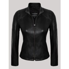 Deri Work Hakiki Kuzu Derisi Siyah Omuzdan Düz Çizgi Desenli Kadın Deri Mont