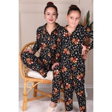 Niket Life Ayıcık Desenli Süet Anne-Kız Pijama Takımı Siyah