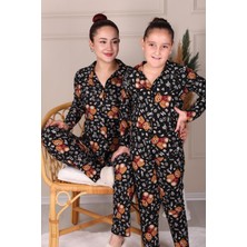 Niket Life Ayıcık Desenli Süet Anne-Kız Pijama Takımı Siyah