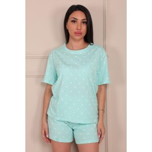 Niket Life Minik Nokta Kalp Desenli Kısa Kol Şortlu Pijama Takımı Turkuaz