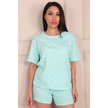 Niket Life Minik Nokta Kalp Desenli Kısa Kol Şortlu Pijama Takımı Turkuaz