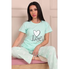 Niket Life Kadın Love Sloganlı ve Baskılı Bisiklet Yaka Kısa Kol Altı Uzun Penye Pijama Takımı