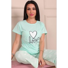 Niket Life Kadın Love Sloganlı ve Baskılı Bisiklet Yaka Kısa Kol Altı Uzun Penye Pijama Takımı