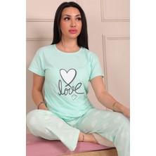 Niket Life Kadın Love Sloganlı ve Baskılı Bisiklet Yaka Kısa Kol Altı Uzun Penye Pijama Takımı