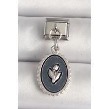 316L Çelik Gümüş Renk Çiçek Işlemeli Siyah Portre Model Nomination Charm