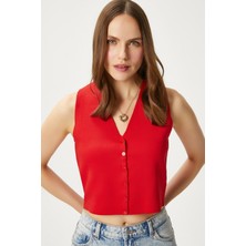 Ritnice Kadın Petite Çıtçıtlı Crop Kırmızı Triko Yelek