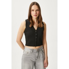 Ritnice Kadın Petite Çıtçıtlı Crop Siyah Triko Yelek