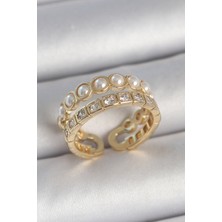 Pirinç Gold Renk 2'li Zirkon Taşlı ve Incili Ayarlanabilir Kadın Yüzük