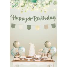 Deniz Parti Retro Küf Yeşili Happy Birthday Kaligrafi ve Banner Set