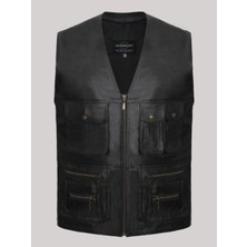 Deri Work Hakiki Deri Hakiki Deri Siyah Fermuarlı Erkek Yelek