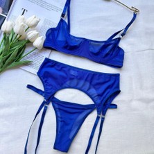 Lucinda Homewear Mavi Tül Detaylı Jartiyer Takım