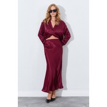 Kadın Bordo Saten Uzun Etek