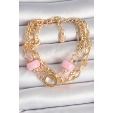 Pirinç Gold Renk Çoklu Pembe Taşlı Kadın Bileklik