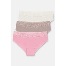 Suwen 3 Lü Pamuklu Brazilian Şort - Ekru/Vizon/Pembe