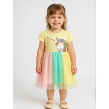 Kız Çocuk Unicorn Baskılı  Tüllü Etekli Doğum Günü ve Özel Gün Elbisesi