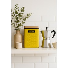 Ahşap Görünümlü Metal Kapaklı 1 Adet Gofreli Sarı Kahve Saklama Kutusu & Kavanoz 17*11*8 cm