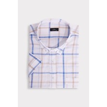 Erkek Büyük Beden Yaka Düğmeli Kareli Keten Efektli Kısa Kollu Gömlek