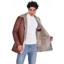 Deri Work Hakiki Deri Kahverengi Üç Düğmeli Kürklü Erkek Deri Ceket