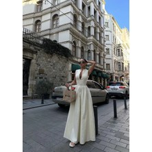 Önden Fermuarlı Sıfır Kol Beli Oturtmalı Kolsuz Cepli Çan Etekli Uzun Elbise