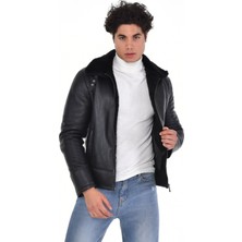 Deri Work Hakiki Deri Kürk Yaka Siyah Erkek Deri Mont Yandan Cepli Deri Ceket