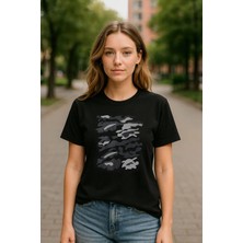 Kadın Bisiklet Yaka %100 Pamuk Baskılı Siyah T-Shirt