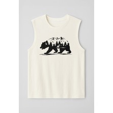 Erkek %100 Pamuk Bisiklet Yaka Bear Baskılı Kolsuz T-Shirt