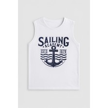 Erkek Bisiklet Yaka Baskılı Beyaz Kolsuz T-Shirt