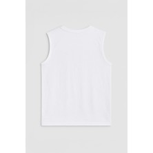 Erkek Bisiklet Yaka Baskılı Beyaz Kolsuz T-Shirt