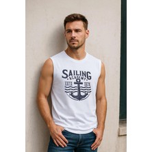 Erkek Bisiklet Yaka Baskılı Beyaz Kolsuz T-Shirt
