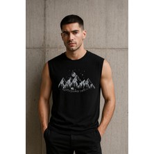Erkek Bisiklet Yaka Baskılı Siyah Kolsuz T-Shirt