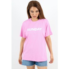 Kadın Motto Yazılı Oversize %100 Pamuk Uzun Pembe T-Shirt