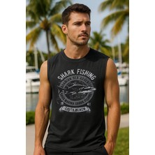 Erkek %100 Pamuk Bisiklet Yaka Shark Baskılı Kolsuz T-Shirt