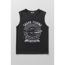 Erkek %100 Pamuk Bisiklet Yaka Shark Baskılı Kolsuz T-Shirt