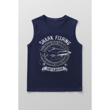 Erkek %100 Pamuk Bisiklet Yaka Shark Baskılı Kolsuz T-Shirt