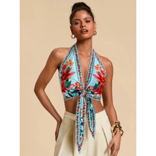 Maison Del Mare Floral Crop Bluz, Önden Bağlamalı Desenli Bleu Blanc Çok Renkli