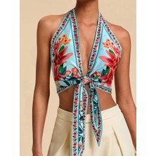 Maison Del Mare Floral Crop Bluz, Önden Bağlamalı Desenli Bleu Blanc Çok Renkli