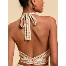 Maison Del Mare Floral Crop Bluz, Önden Bağlamalı Desenli Bleu Blanc Çok Renkli