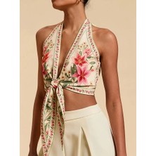 Maison Del Mare Floral Crop Bluz, Önden Bağlamalı Desenli Bleu Blanc Çok Renkli