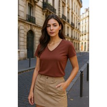Kadın V Yaka Kısa Kollu Düz T-Shirt