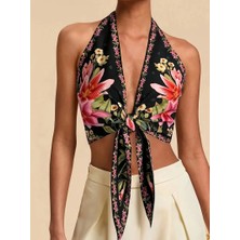 Maison Del Mare Floral Crop Bluz, Önden Bağlamalı Desenli Bleu Blanc Çok Renkli