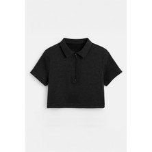 Kadın Polo Yaka Fermuarlı Crop T-Shirt