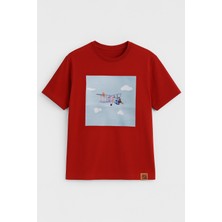 Kadın Bisiklet Yaka %100 Pamuk Helikopter Baskılı Kısa Kollu T-Shirt