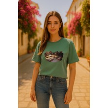 Kadın Bisiklet Yaka %100 Pamuk Blok Baskılı Kısa Kollu T-Shirt