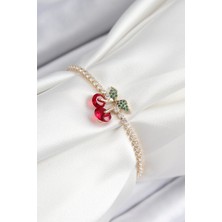 Pirinç Zirkon Taşlı Kiraz Model Gold Renk Asansörlü Kadın Bileklik - TJ-BB7455