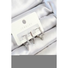 Pirinç Zirkon Taşlı Yıldız Model Gümüş Renk 3'lü Çift Kadın Küpe Set