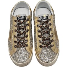 Women's Super-Star Golden Goose Glitter Sneaker - Gold Glitter Leopard Laces-Kadın Ayakkabı Sneakers