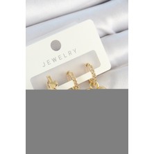 Pirinç Zirkon Taşlı Kalp Model Gold Renk 3'lü Çift Kadın Küpe Set