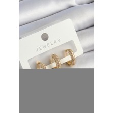 Pirinç Zirkon Taşlı Yıldız Model Gold Renk 3'lü Çift Kadın Küpe Set